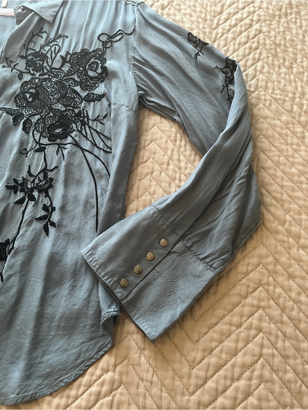 Free People Light Blue Snap Shirt with Black Floral Embroidery - Picture 5 of 10